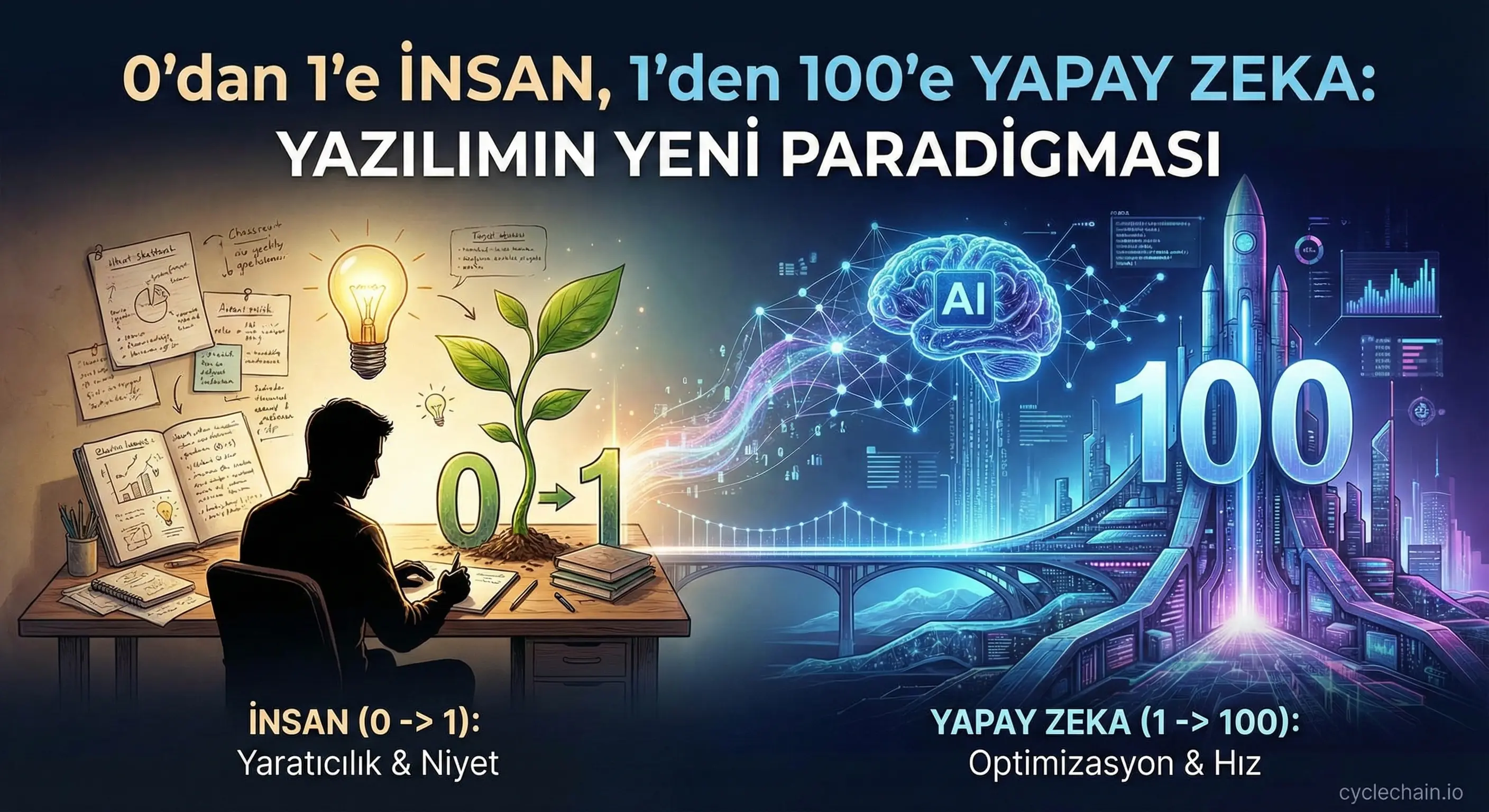 İnsan yaratıcılığı ve yapay zeka ölçeklendirmesini gösteren yazılım geliştirme illüstrasyonu