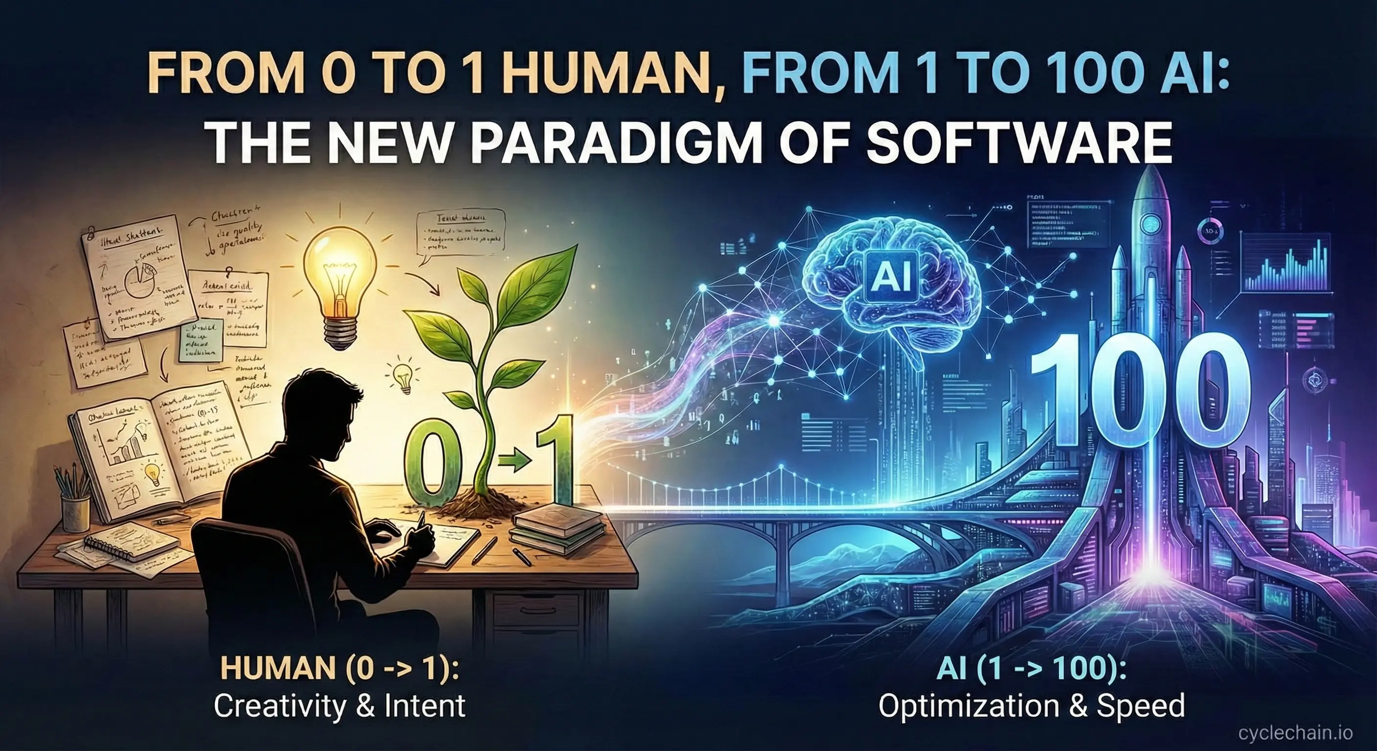 An illustration showing human creativity and AI scalability in software development.